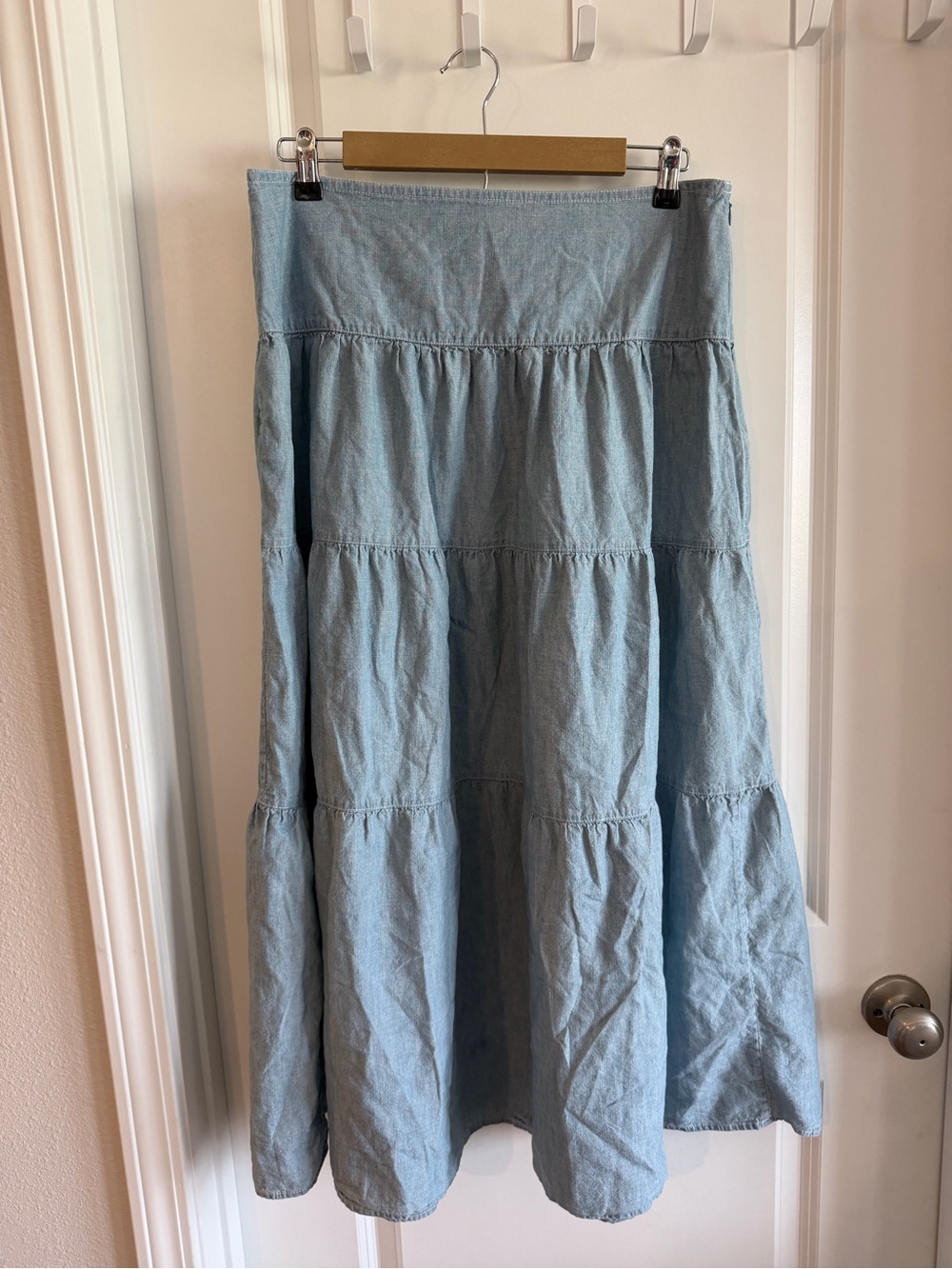 Lauren Ralph Lauren Midi Skirt Sz 10 Denim Blue Tiered Boho Western Black Label